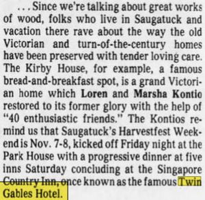 Hotel Saugatuck (Twin Gables Hotel) - Oct 1986 Article